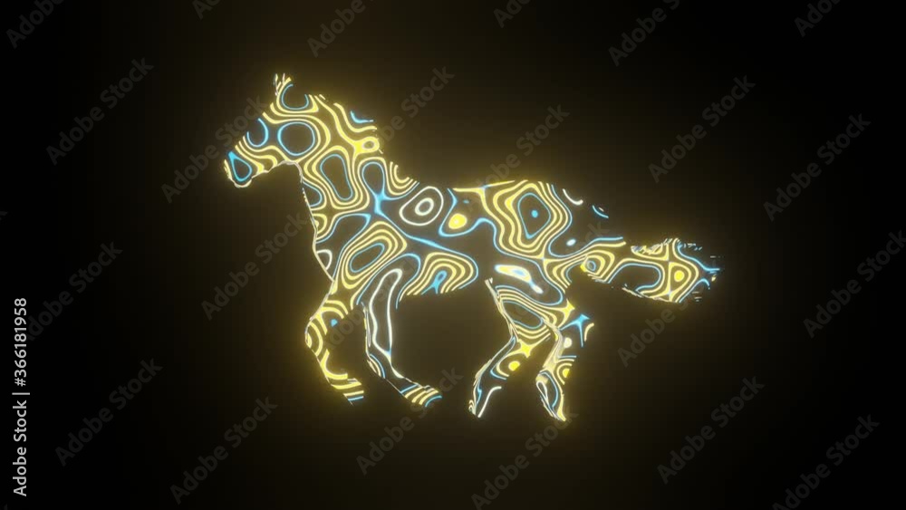 HD video animation of beautiful texture or pattern formation on the horse body shape, isolated on black background. 3d rendering abstract loop animation neon lighting effect on horse.