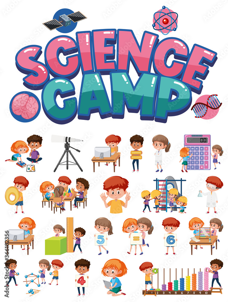 Science camp logo and set of children with education objects isolated Science camp logo and set of children with education objects isolated