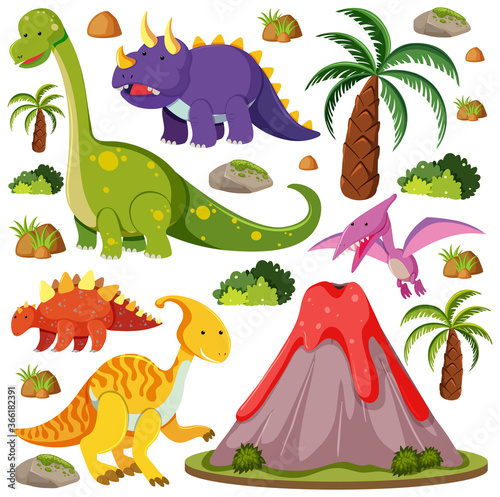 Set of cute dinosaurs and volcano eruption isolated on white background photo