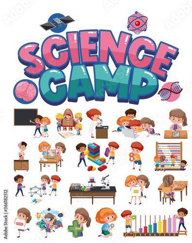 Science camp logo and set of children with education objects isolated