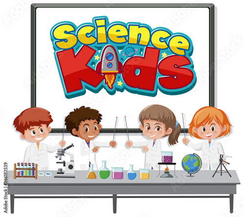 Science kids logo and kids wearing scientist costume isolated