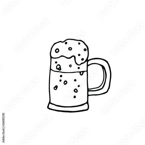 Hand Drawn Mug With Froth Bubble Beer Drink Vector. Full Mug With Handle And Alcoholic Fresh Cold Brewery Liquid Light Ale. Closeup Monochrome Black And White Template Cartoon Illustration