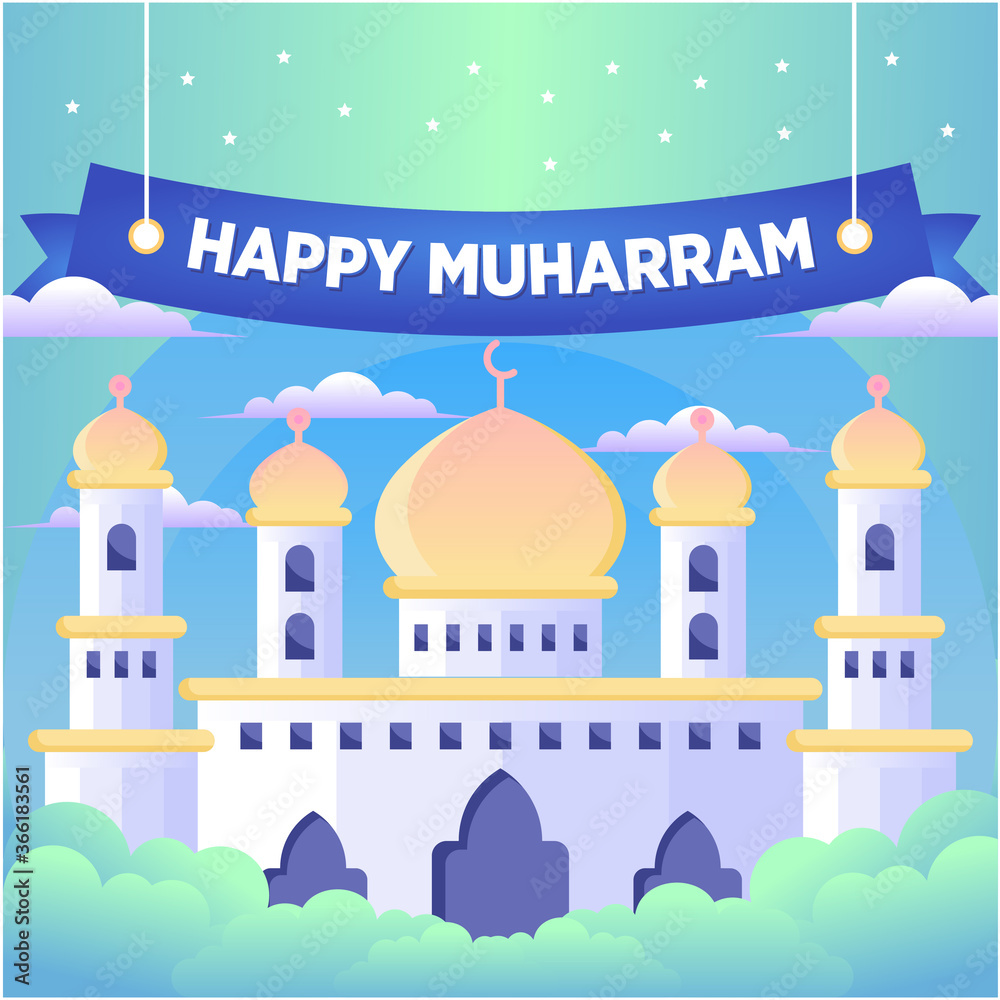 Flat Design Mosque with Islamic New Year / Muharram Concept Background