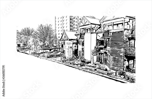 Building view with landmark of Chester city walls consist of a defensive structure built to protect the city of Chester in Cheshire, England. Hand drawn sketch illustration in vector.