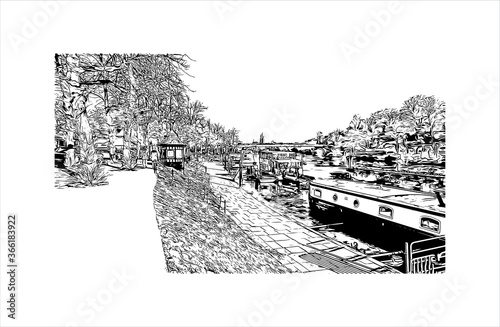 Building view with landmark of Chester city walls consist of a defensive structure built to protect the city of Chester in Cheshire, England. Hand drawn sketch illustration in vector.