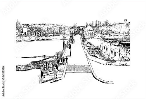 Building view with landmark of Chester city walls consist of a defensive structure built to protect the city of Chester in Cheshire, England. Hand drawn sketch illustration in vector.