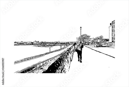 Building view with landmark of Chester city walls consist of a defensive structure built to protect the city of Chester in Cheshire, England. Hand drawn sketch illustration in vector.