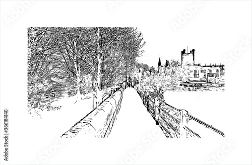 Building view with landmark of Chester city walls consist of a defensive structure built to protect the city of Chester in Cheshire, England. Hand drawn sketch illustration in vector.