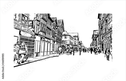 Building view with landmark of Chester city walls consist of a defensive structure built to protect the city of Chester in Cheshire, England. Hand drawn sketch illustration in vector.