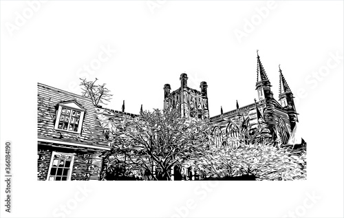 Building view with landmark of Chester city walls consist of a defensive structure built to protect the city of Chester in Cheshire, England. Hand drawn sketch illustration in vector.
