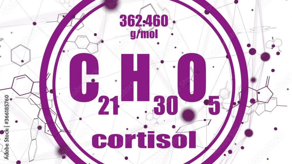 Chemical formula of hormone cortisol. Connected lines with dots background Chemical formula of hormone cortisol. Connected lines with dots background