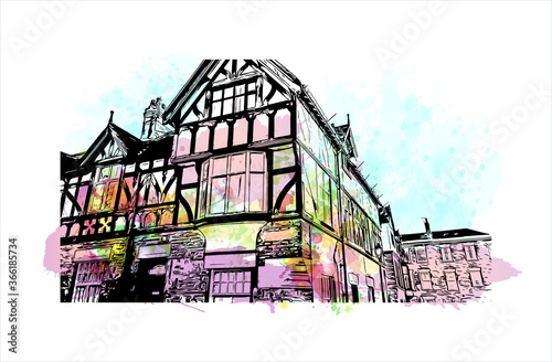 Building view with landmark of Chester city walls consist of a defensive structure built to protect the city of Chester in England. Watercolor splash with hand drawn sketch illustration in vector.