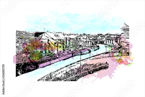Building view with landmark of Chester city walls consist of a defensive structure built to protect the city of Chester in England. Watercolor splash with hand drawn sketch illustration in vector.
