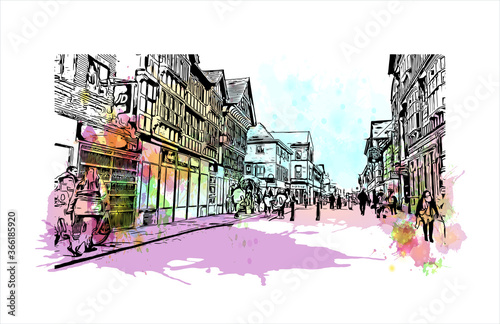 Building view with landmark of Chester city walls consist of a defensive structure built to protect the city of Chester in England. Watercolor splash with hand drawn sketch illustration in vector.