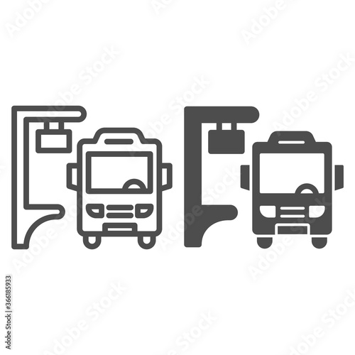 Bus stop line and solid icon, Public transport concept, Silhouette of bus at stop sign on white background, Bus station icon in outline style for mobile concept and web design. Vector graphics.