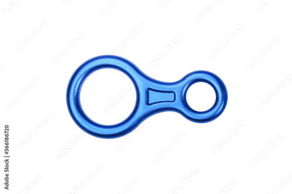 Blue Metal descender isolated on white background. Hiking and mountaineering equipment concept with Clipping paths Blue Metal descender isolated on white background. Hiking and mountaineering equipment concept with Clipping paths