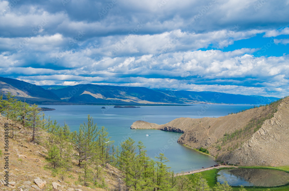 Lake Baikal, Mukhorsky Bay, view of the sandy beach of the Zuun Khagun Bay