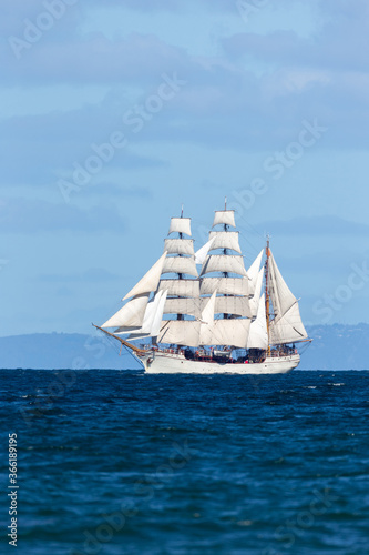 Historic clipper sailing ship on open blue water in full sail.
