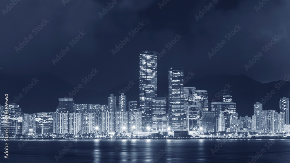 Panorama of downtown of Hong Kong city at night