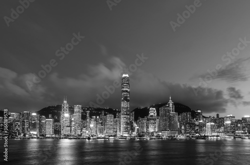 Panorama of Victoria harbor of Hong Kong city at dusk