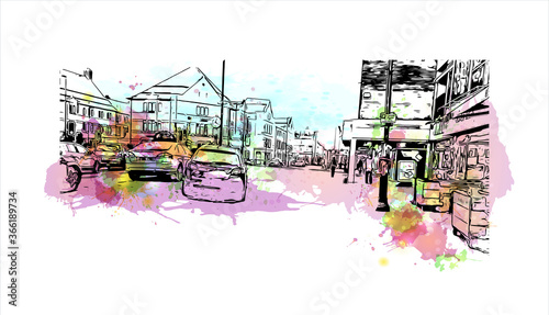 Building view with landmark of Chester city walls consist of a defensive structure built to protect the city of Chester in England. Watercolor splash with hand drawn sketch illustration in vector.