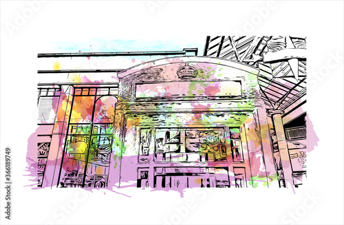 Building view with landmark of Chester city walls consist of a defensive structure built to protect the city of Chester in England. Watercolor splash with hand drawn sketch illustration in vector.