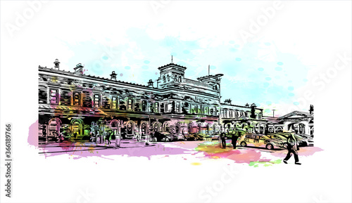 Building view with landmark of Chester city walls consist of a defensive structure built to protect the city of Chester in England. Watercolor splash with hand drawn sketch illustration in vector.