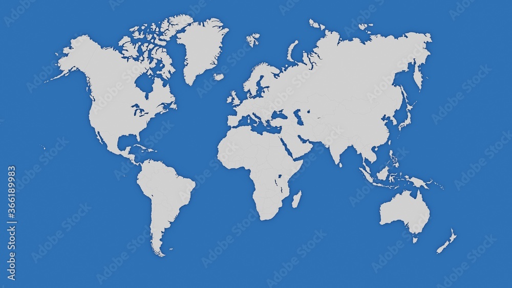 World map in white over blue with international political divisions. Slight volume shadow. Digital 3D render.