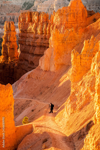 A photographer on a trail in Bryce Canyon National Park, Utah. The park features a collection of giant natural amphitheaters and is distinctive due to geological structures called hoodoos.