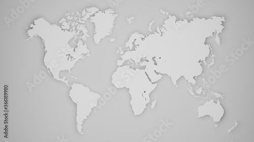 World map in white over light gray  with slight volume shadow. Digital 3D render.
