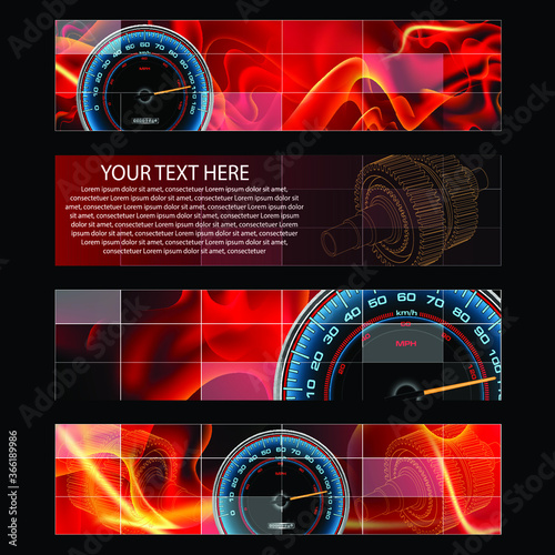 Promotion and advertisement flyer for presentation with speedometer and fire flames