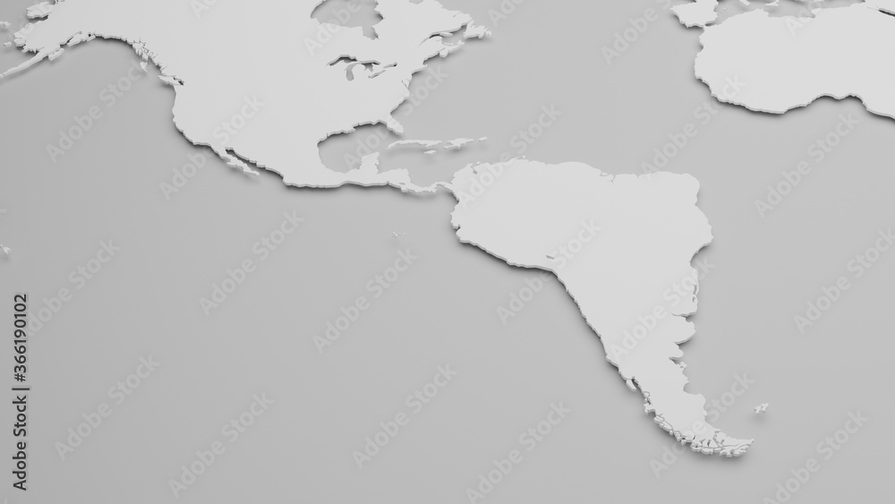 3D map of South America in white on light gray. Global geopolitics concept. Digital 3D render.