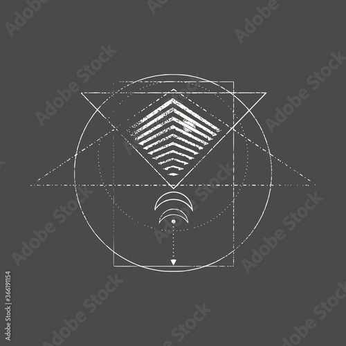 Mystical geometry symbol. Linear alchemy, occult, philosophical sign. For music album cover, poster, sacramental design. Astrology and religion concept.