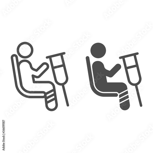 Place for disabled people line and solid icon, Public transport concept, Priority seating sign on white background, person in chair with crutches icon in outline style. Vector graphics.