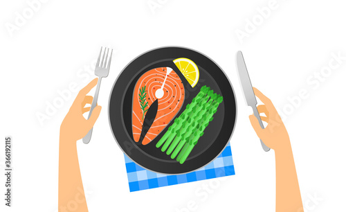 hands hold fork and knife salmon steak lemon slice and asparagus on black plate healhy food top view vector illustration
