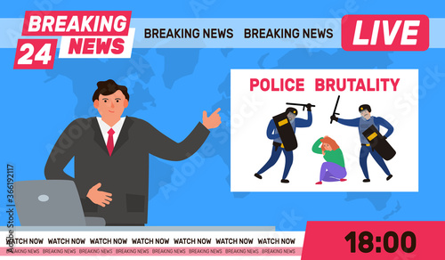 breaking news  anchorman  in studio online tv translation  about police brutality agression vector illustration