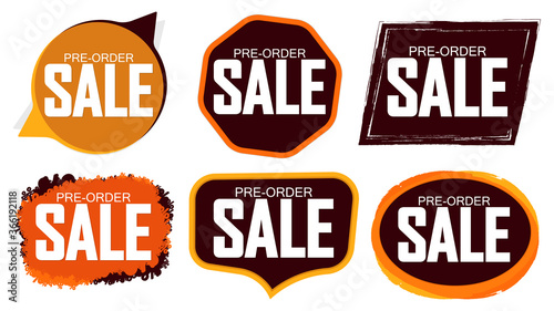 Set Pre-Order Sale banners design template, discount tags, vector illustration