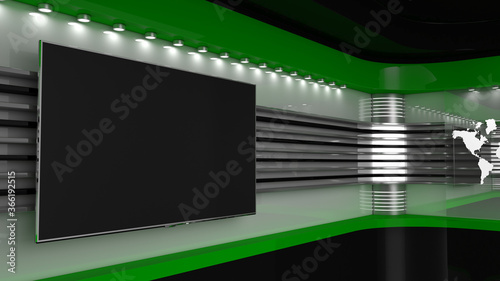 Tv Studio. Backdrop for TV shows. News studio. The perfect backdrop for any green screen or chroma key video or photo production. 3D rendering. © vachom