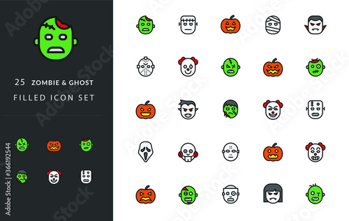 25 Icon Set HALLOWEEN - You will get premium icon designs such as: Potion, Zombie, Frankenstein, Sickle, Wizard, Candy, Evil, Danger, Voodoo Doll, Haunted House, Magic Book, Axe, Spider Web, Skull photo