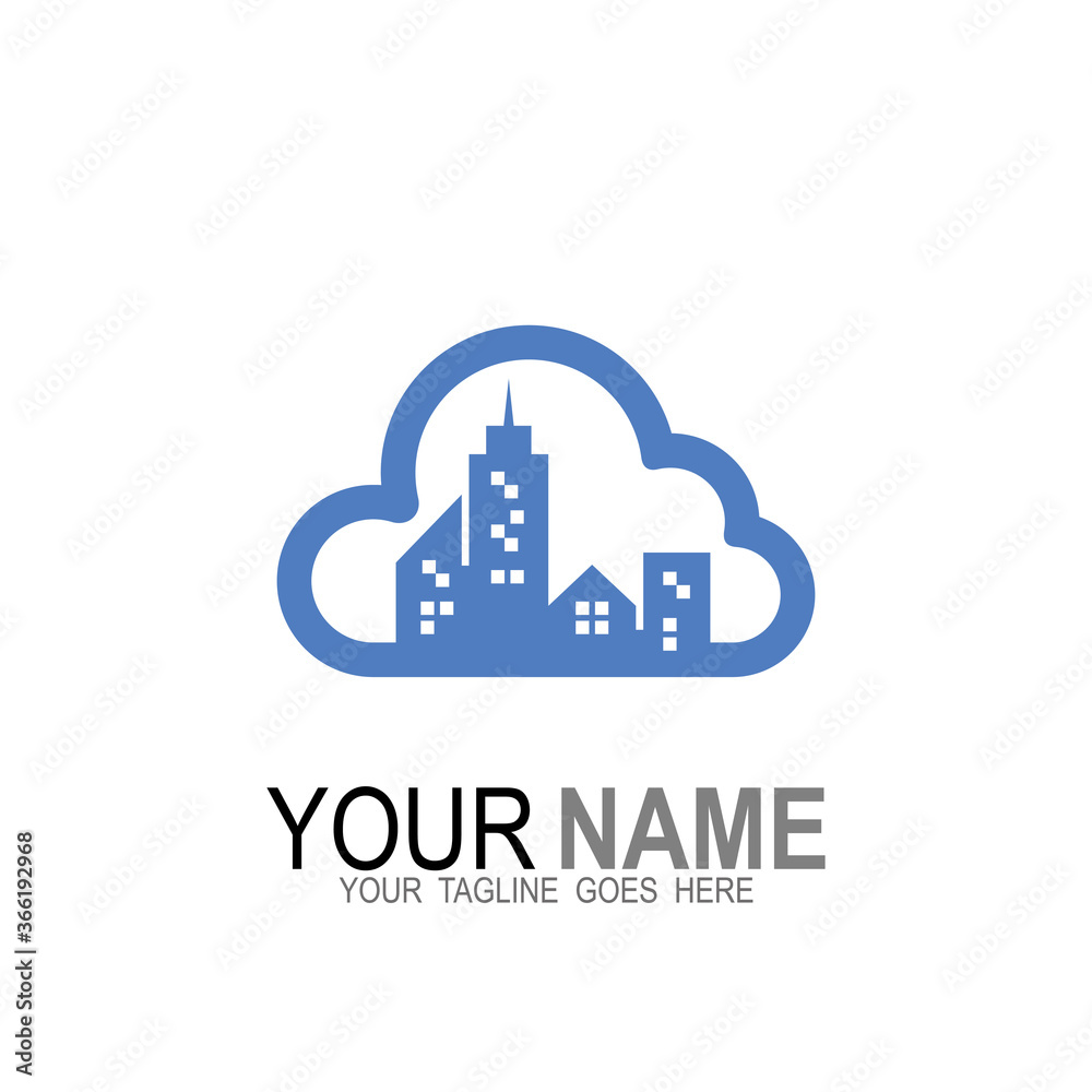 Real estate logo template, Cloud logo with city design illustration Real estate logo template, Cloud logo with city design illustration