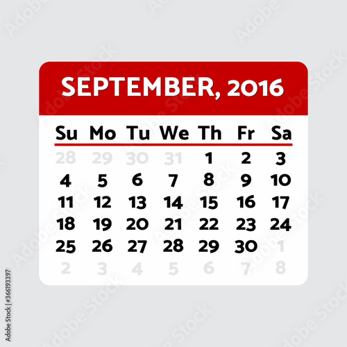 Calendar september 2016 printable. Generic design template layout.
