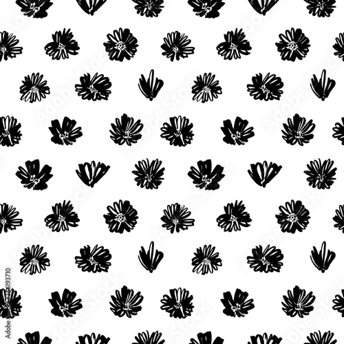 Brush flower vector seamless pattern. Hand drawn botanical ink illustration with floral motif. Camomile or daisy painted by brush. Hand drawn black print for fabric, wrapping paper, wallpaper design © Анастасия Гевко