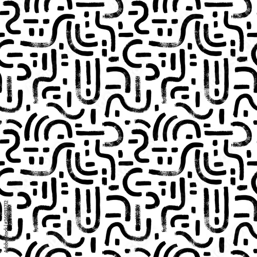 Geometric vector seamless pattern, labyrinth and mosaic motives. Memphis style geometric ornament. Grunge circular brush strokes, dashes. Hand drawn ink illustration. Hipster black paint background.