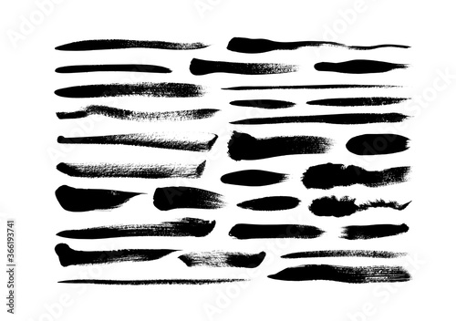 Vector grungy paint brush strokes collection. Calligraphy straight smears, stamp, lines. Hand drawn ink illustration isolated on white background. Vector black paint, ink brush stroke, line or texture