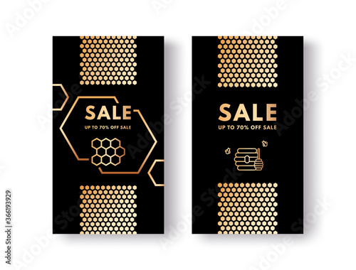 Vector set of social media stories Sale Honey gold gradient honeycombs, honeybees, honey stick and beehive. Design templates, banners, blanks, advertising. Isolated on black and white background.