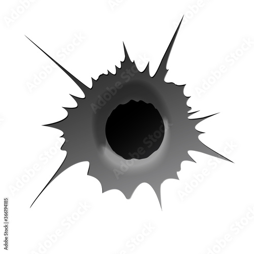 Bullet hole on white background. Realisic metal bullet hole, damage effect. Vector illustration.