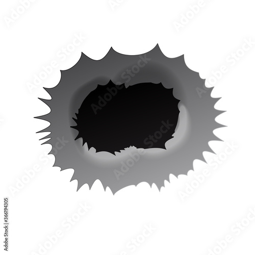 Bullet double hole on white background. Realisic metal bullet hole, damage effect. Vector illustration.