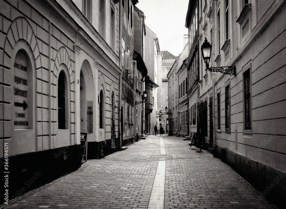 Narrow alley in old part of downtown in Gyor, Hungary with stucco exterior facades and arched windows in monochrome. cobblestone pavement. tourists walking in a distance. vintage wrought iron sconce