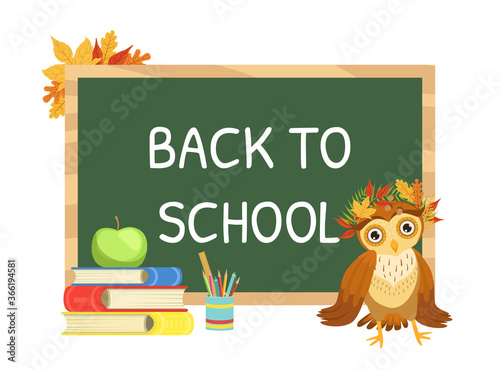 Back to School Banner Template with Cute Wise Owl Bird Character Cartoon Vector Illustration
