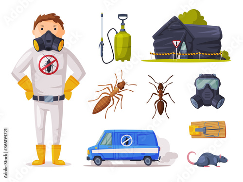 Home Pest Service, Exterminator Wearing Protection Uniform with Detecting, Exterminating and Protecting Equipment Vector Illustration